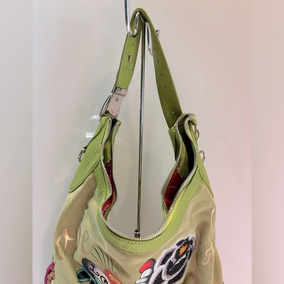 Y2K Ed Hardy LOVE Green Leather‎ Suede Fringe Shoulder Handbag with Crystal Rose - Picture 8 of 15